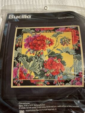 Bucilla Needlepoint Kit — Red Geraniums on Yellow & Black Panel